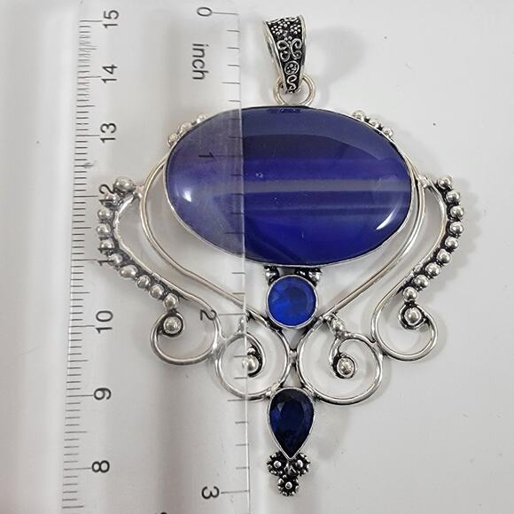 Blue Banded Agate Pendant – With Sapphire Quartz Accent + 20" Silver Chain - Picture 2 of 10